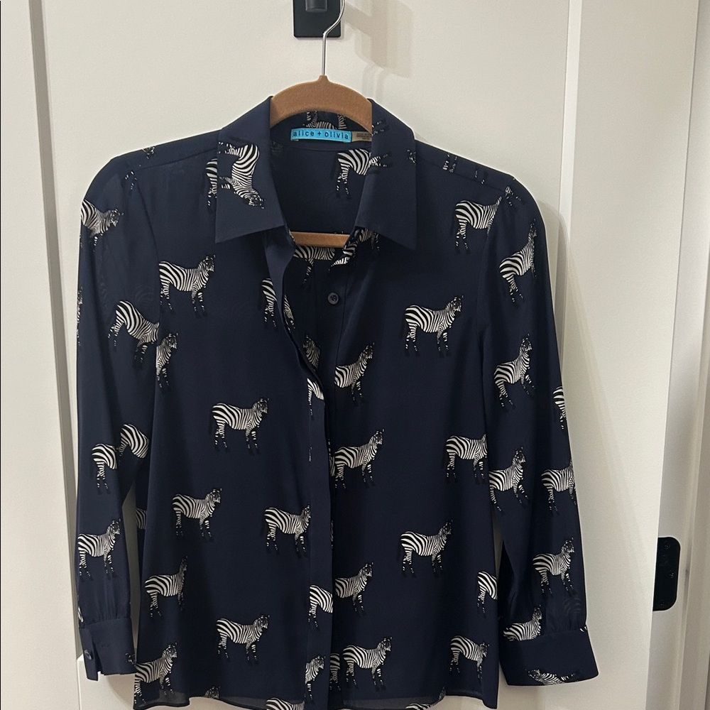 Alice + Olivia Dark Blue Silk Zebra Pattern Shirt